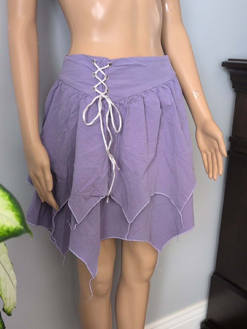 Whimsical Fairycore Pixie Mini Skirt - Gauze Cotton Blend Layered Hem Lace Up - Picture 4 of 11